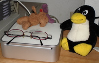 My Mac mini, modelled by Tux and the Moose